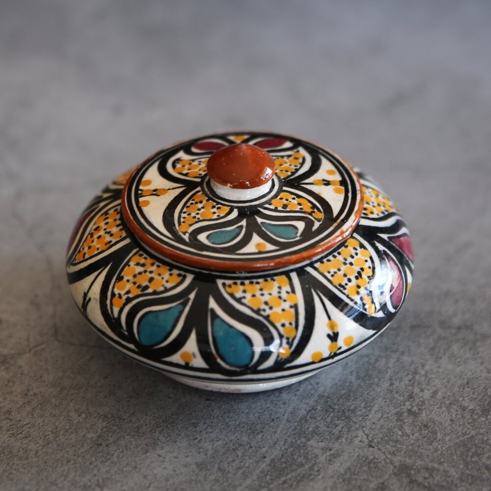 Moroccan Ceramic Small Item Holder with Lid - Handcrafted, Colorful Decor